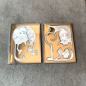 Vintage 1970 Signed William Tara MCM Mid Century Modern Mirror Wall Art Lot of 2
